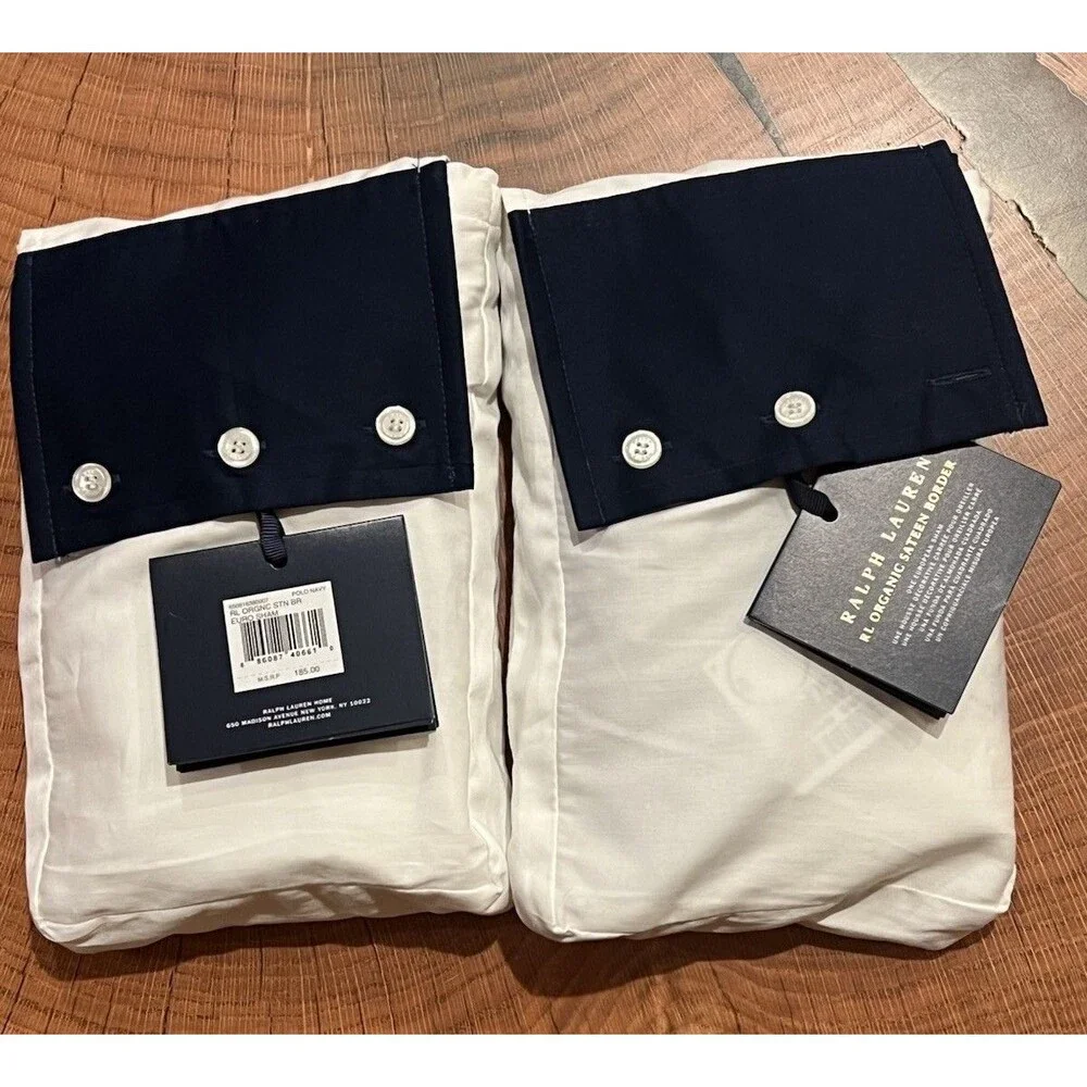 LOT 2 Ralph Lauren RL Organic Sateen Border European Shams 26x26” Polo Navy NEW